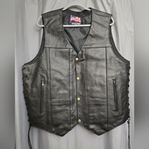 Men's Black Leather Biker Vest with Snap Front